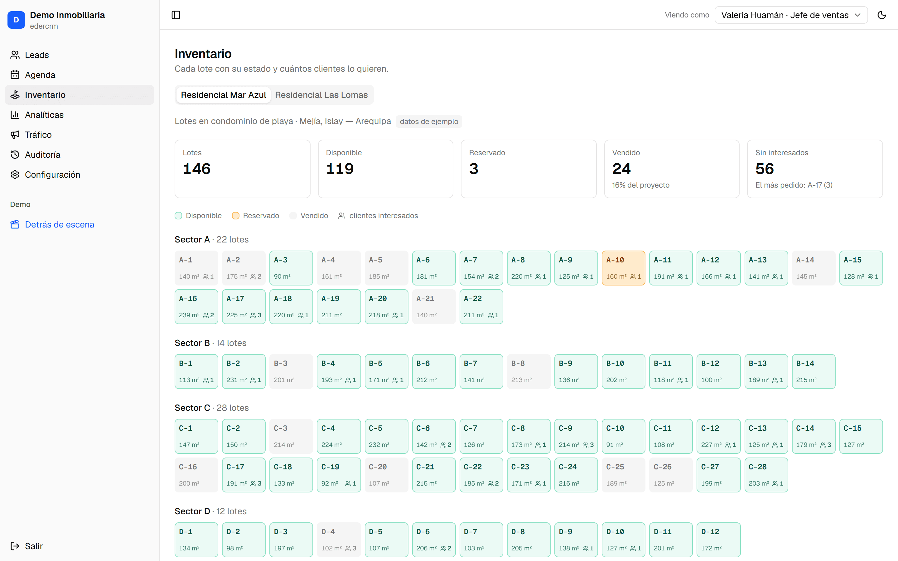 Inventario de lotes por sector, coloreado por estado, con interesados por lote